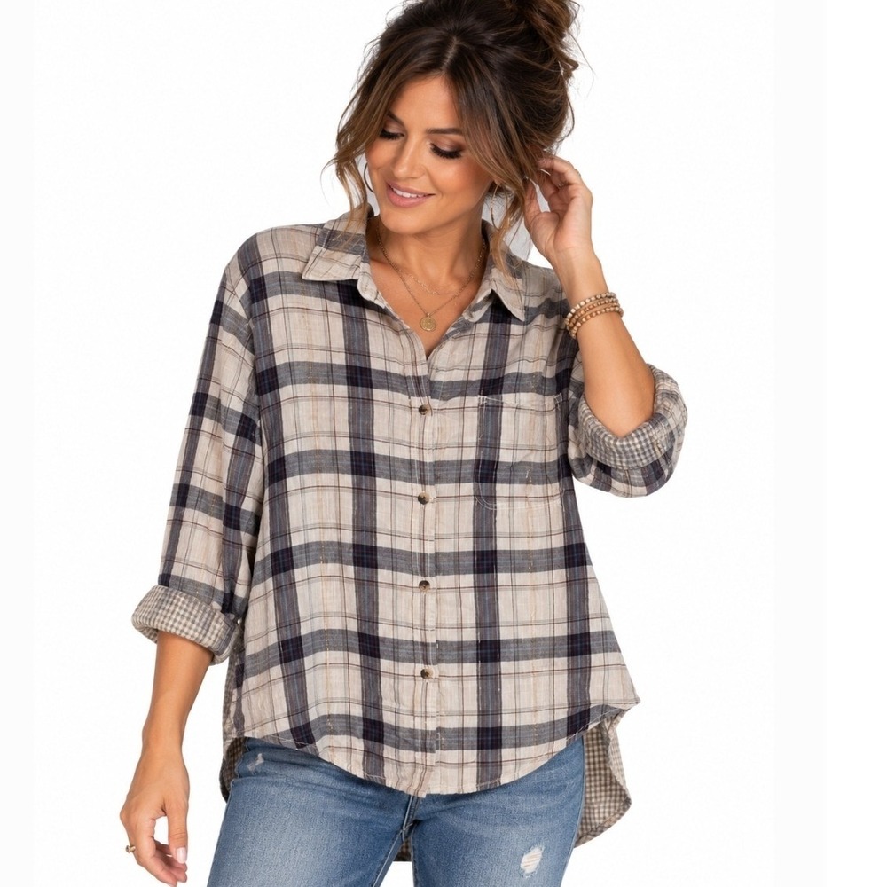 Hatley Sadie Plaid Button Down Shirt Metallic High Low Hem Medium